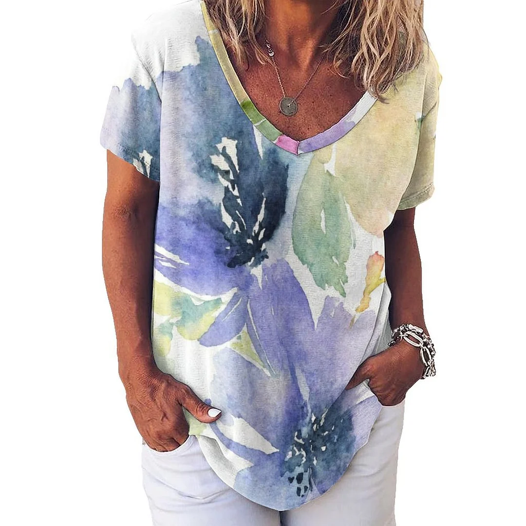 V-neck Short Sleeve Casual T-shirt for  Women Printed with Pattern Floral, Purple