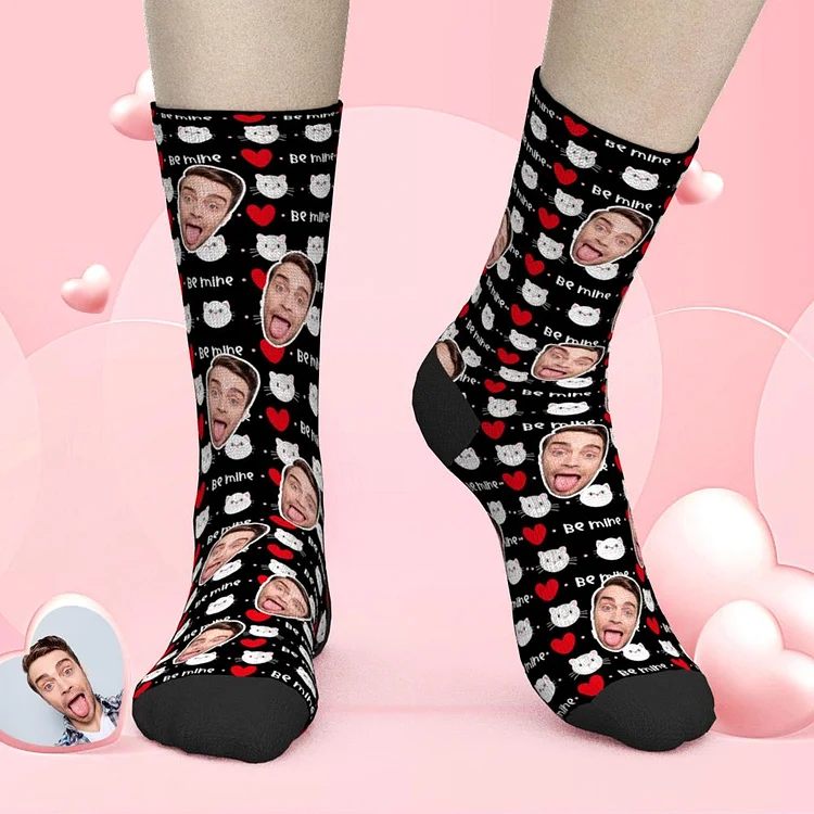 Custom Face Socks Cat Valentine Be Mine Socks - For Cat Lover