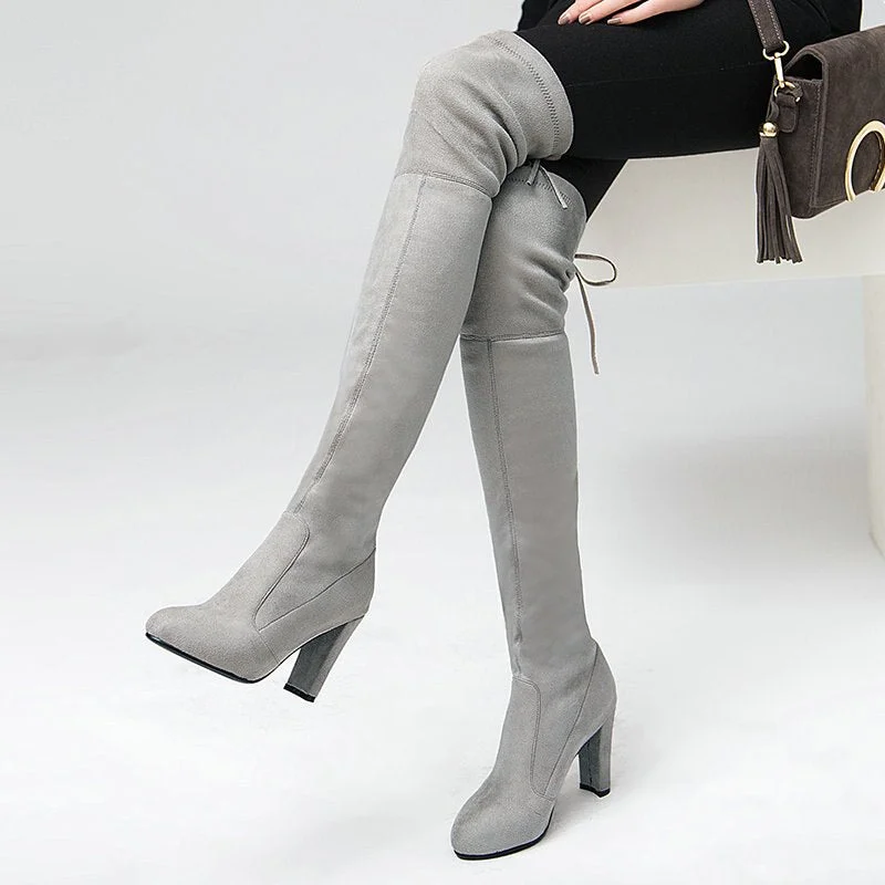 NEMAONE Women Stretch Faux Suede Thigh High Boots Sexy Fashion Over the Knee Boots High Heels Woman Shoes Black Gray Winered