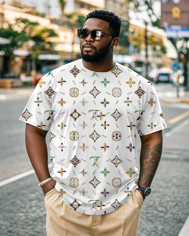 Big & Tall Men's Daily Casual White Diamond Print Round Neck Short Sleeve T-Shirt