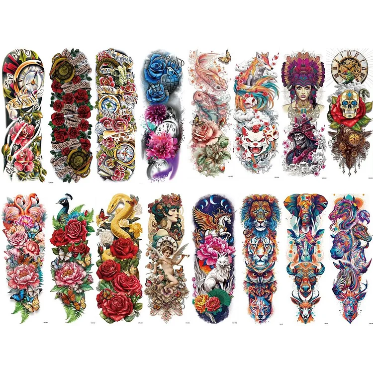 16 Sheets Colorful Rose Flower Animal Human Full Arm Temporary Tattoo Combo