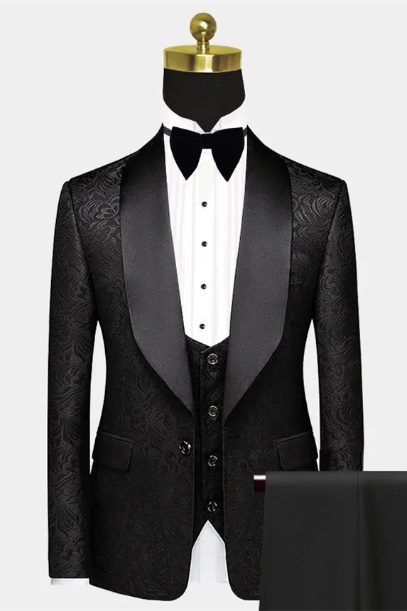 Bellasprom Black Satin Shawl Lapel Prom Suits One Button Bellasprom Jacquard Wedding Tuxedos