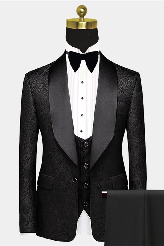 One Button Gentle Black Satin Shawl Lapel Prom Suits Jacquard Wedding Tuxedos | Ballbellas Ballbellas