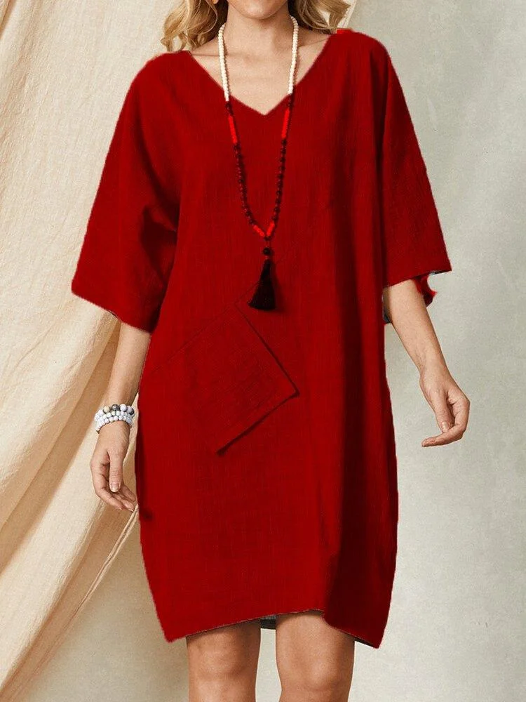 Casual V Neck Textured Cotton And Linen Dress