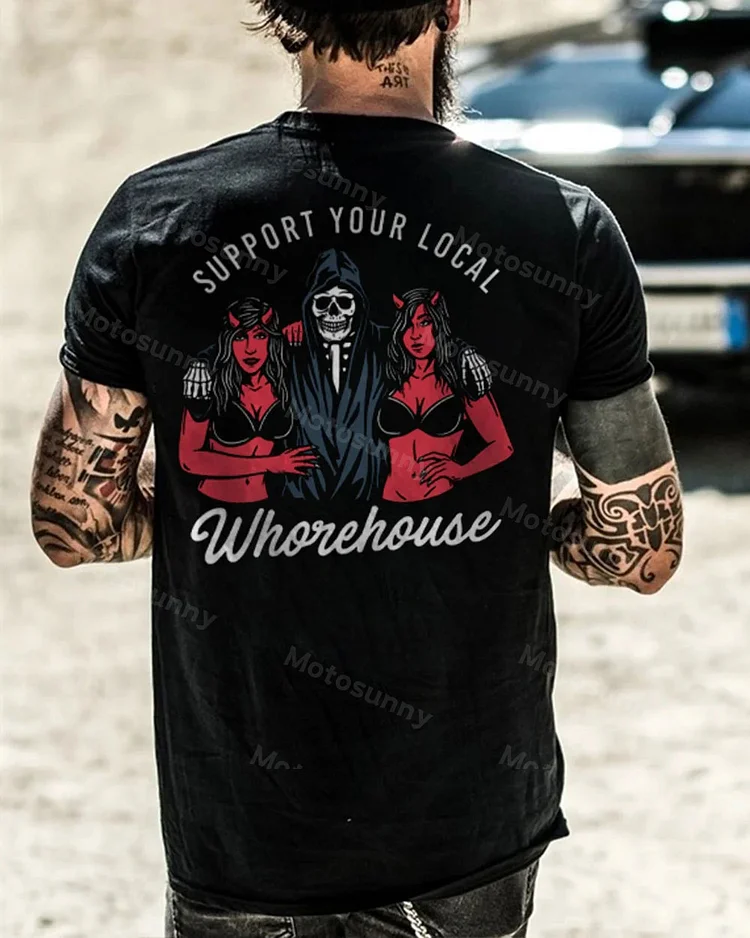 MOTOSUNNY SUPPORT YOUR LOCAL Demon with Women Graphic Black Print T-shirt 7482