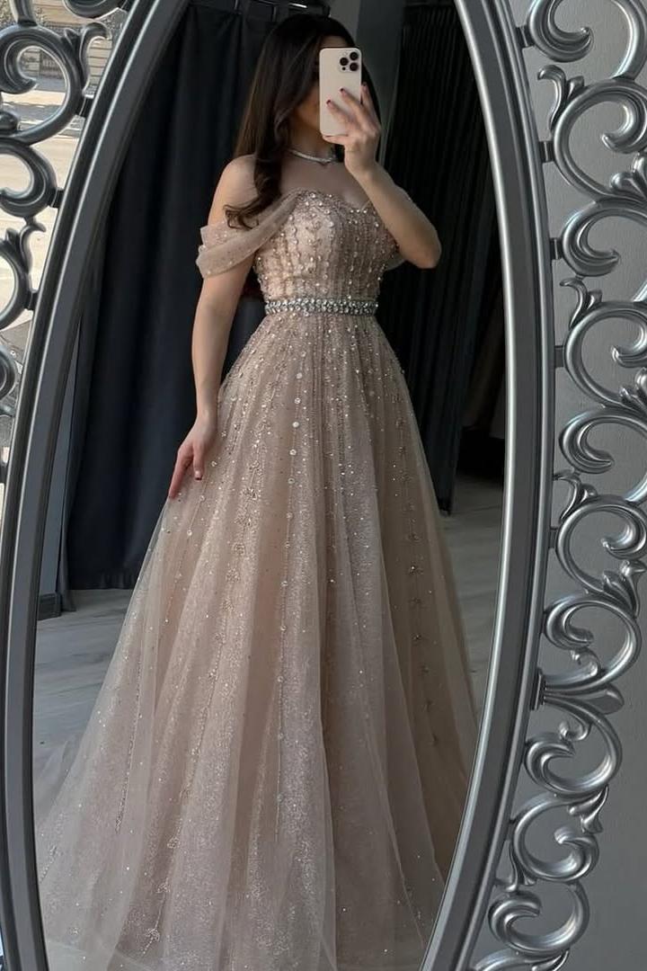 Oknass Off the Shoulder Strapless Sleeveless Long Prom Dress With Beading