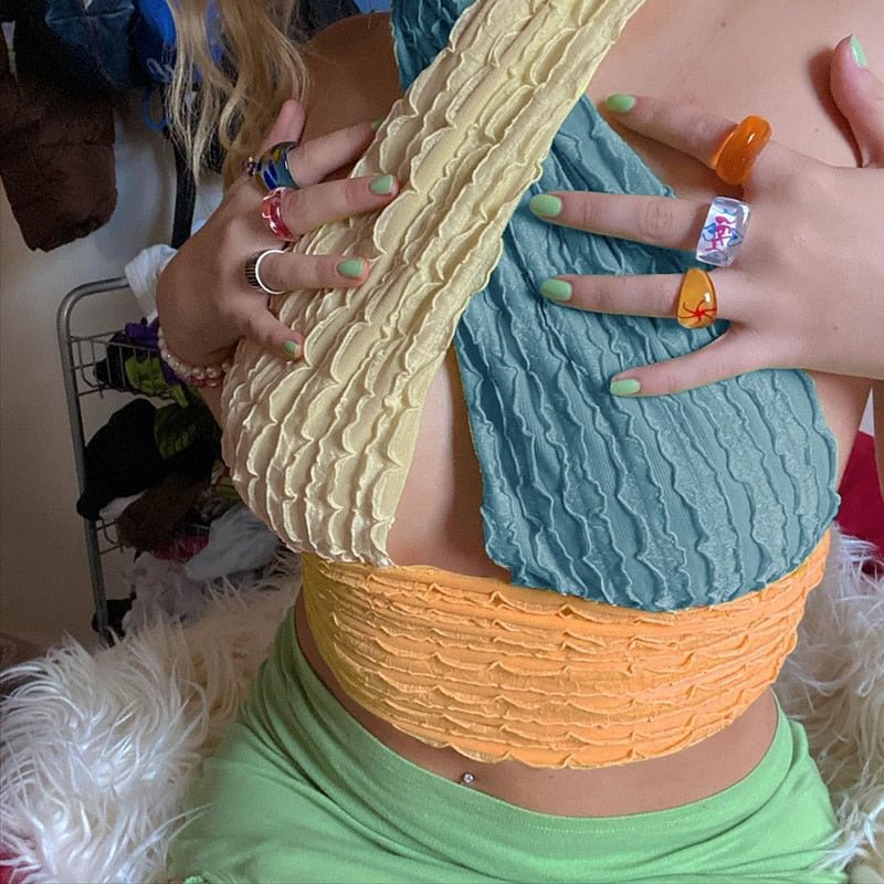 InstaHot Casual Textured Colorblock Halter Crop Top Summer 2021 Women Fashion Criss Cross Backless Sexy Beach Tank Hollow Out
