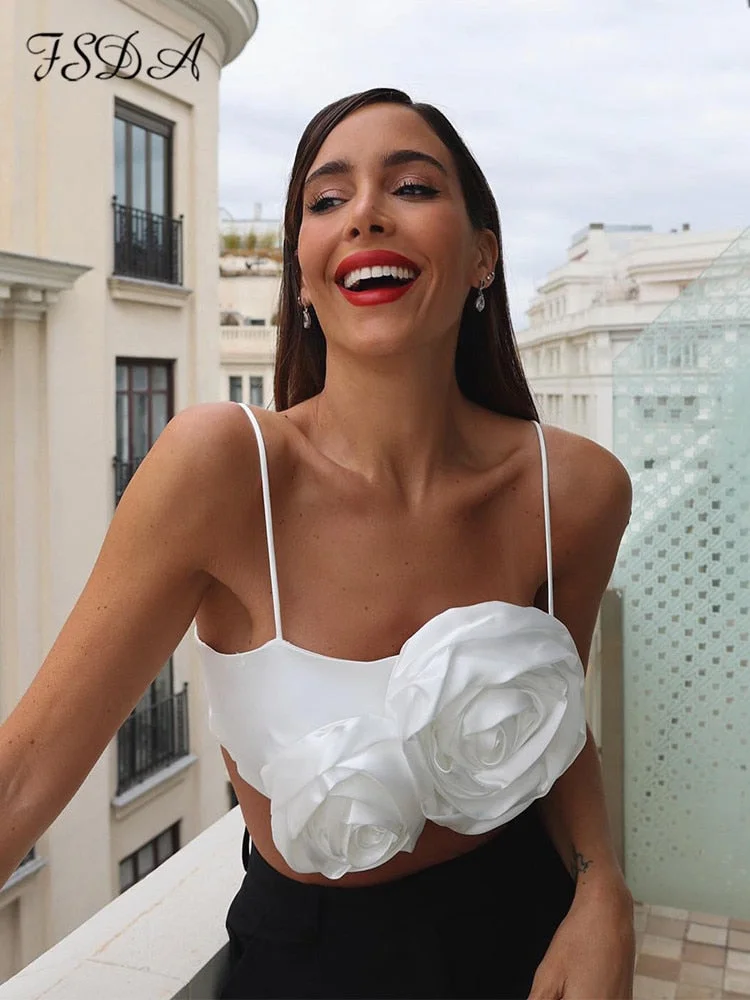 2022 White Floral Spaghetti Strap Women Crop Top Backless Summer Elegant Tank Tops Sexy Fashion Casual Cami Sleeveless