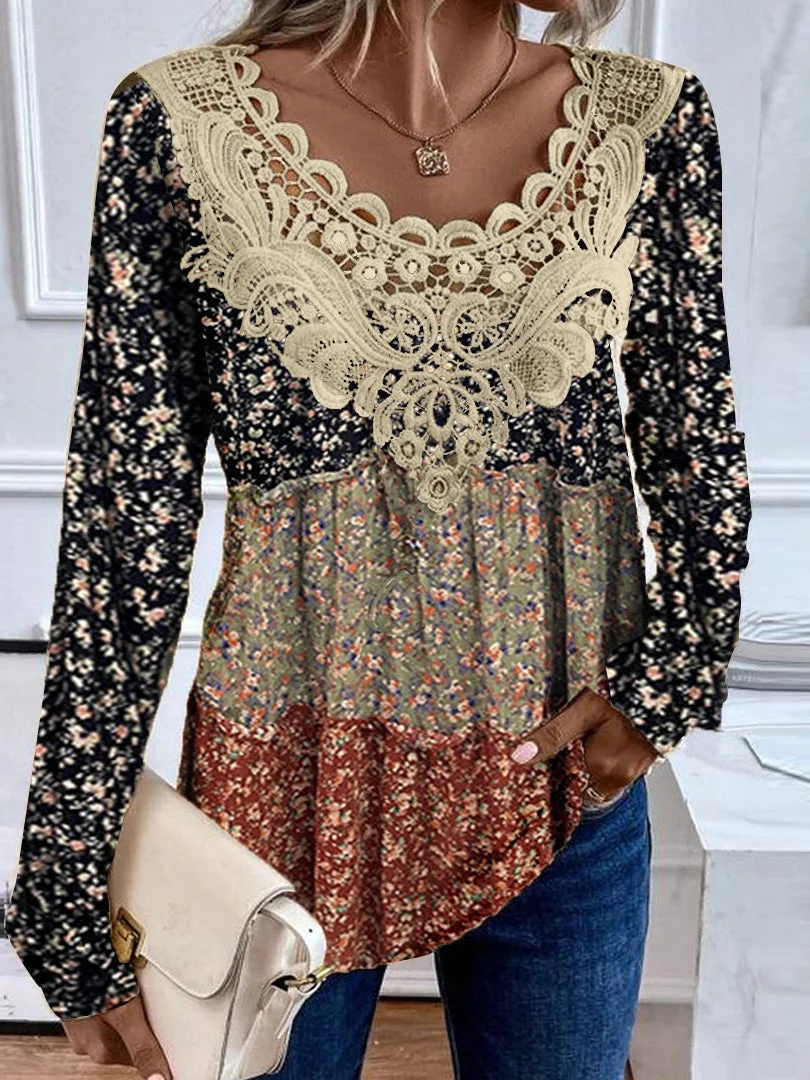 Women plus size clothing Women's Long Sleeve Scoop Neck Graphic Lace Floral Printed Top-Nordswear