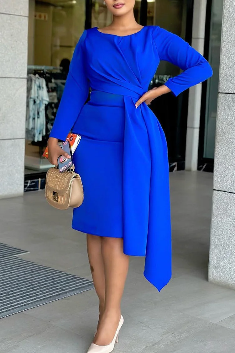 Plus Size Work Dress Royal Blue Round Neck Solid Long Sleeve Tunic Midi Dress [Pre-Order]