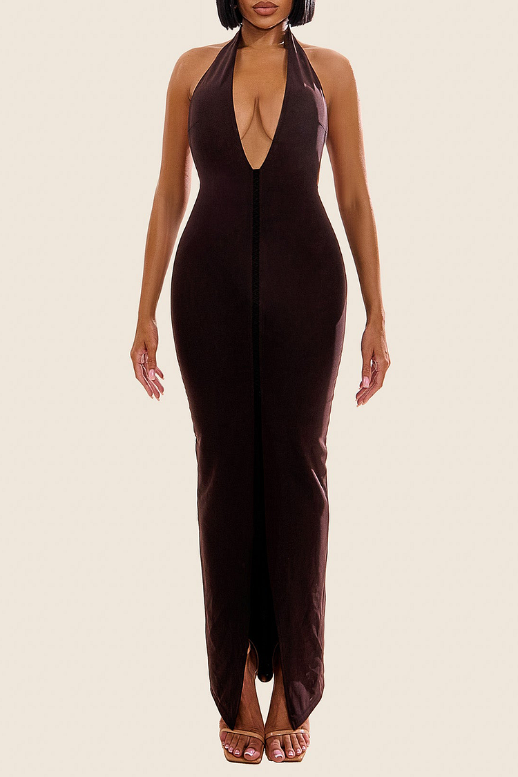 Deep V Neck Halter Solid Color Bodycon Slit Maxi Dresses-Brown [Pre Order]