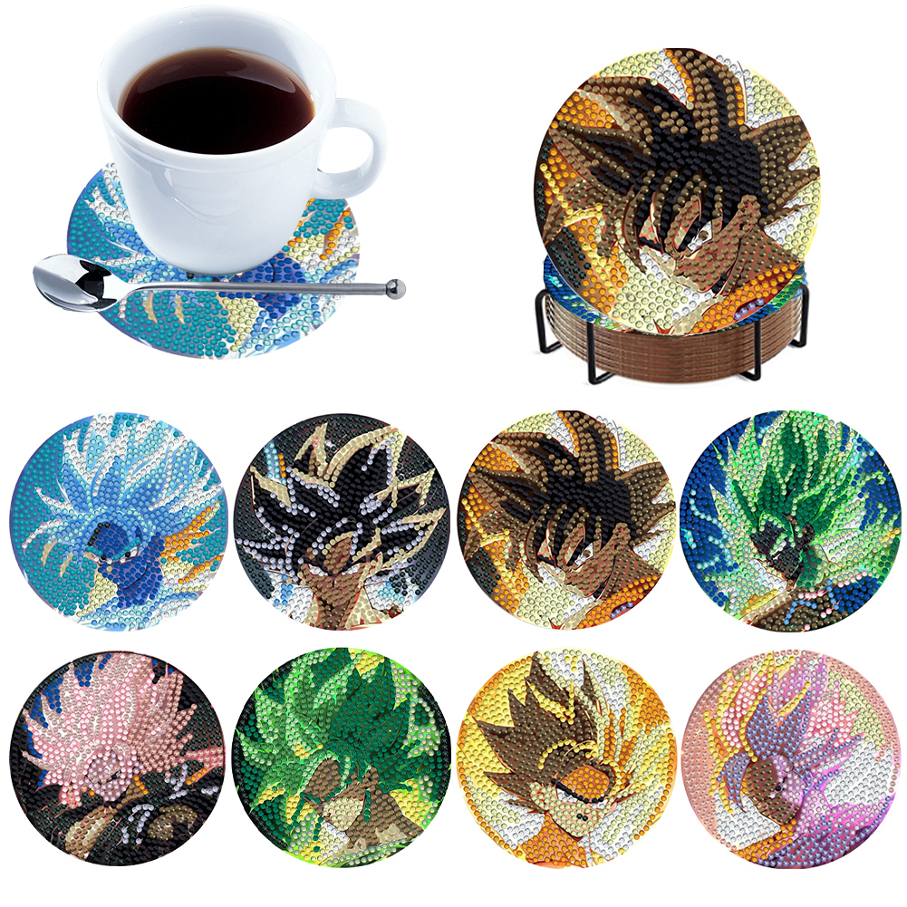 8Pcs Wooden Diamond Painting Coasters with Holder DIY Coaster Kits (Son Goku)