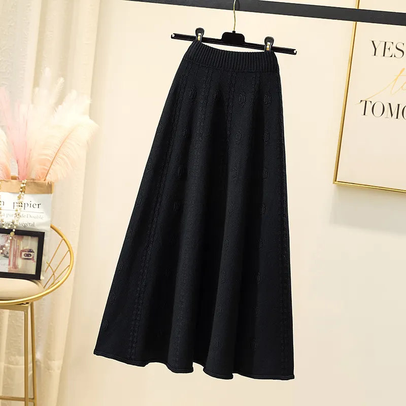 Churchf Churchf And Winter 2023 With Sweater High-Waist Jacquard Long Knitted Half-Length Umbrella Skirt Temperament Wool Long Skirt