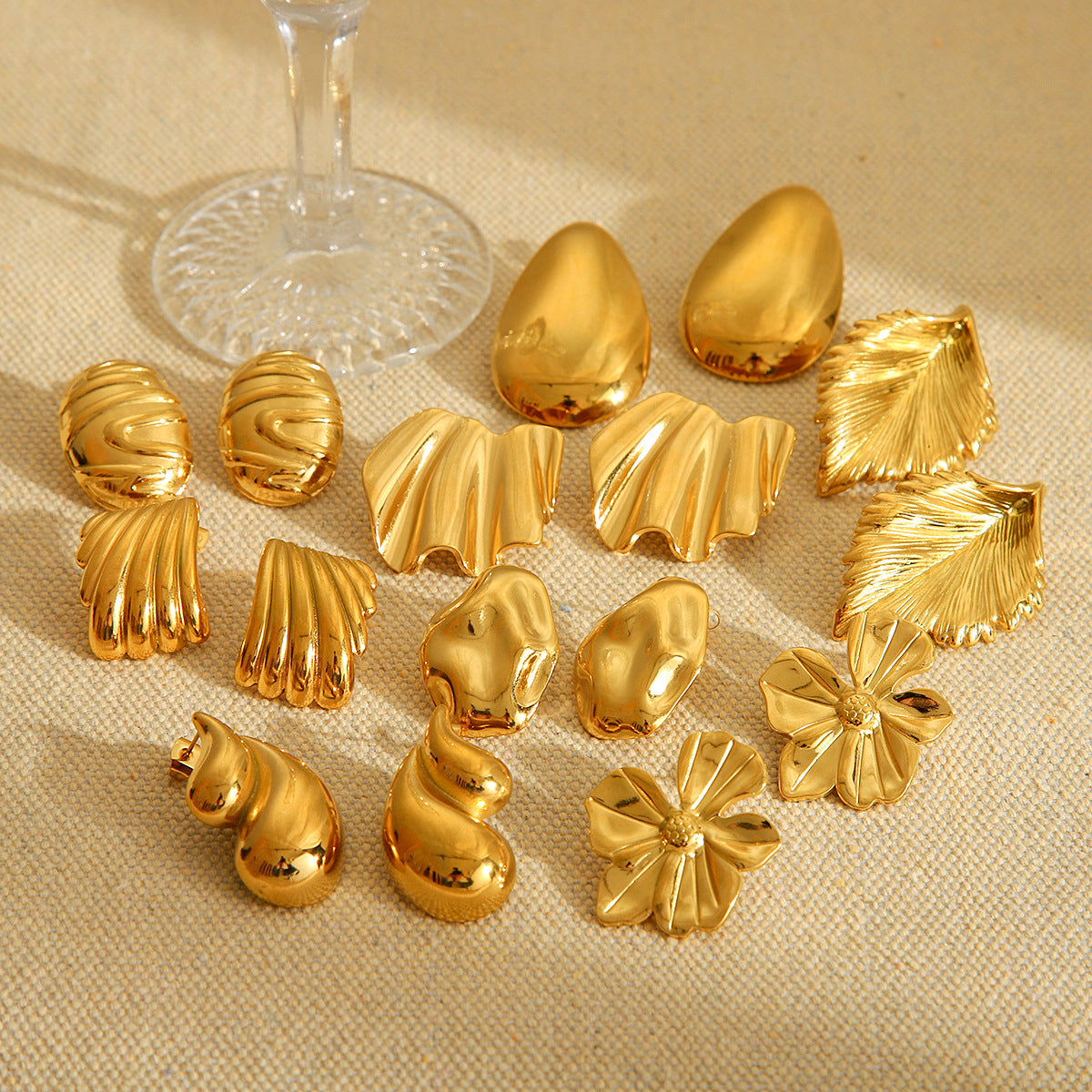 IG Style Irregular Pleated Conical Droplet Wave Geometric Leaf Flower Stainless Steel Electroplating Earrings