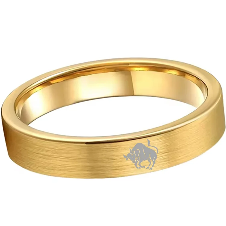 Taurus Tungsten Carbide Rings Gold Flat Wedding Band Comfort Fit Men and Women 4MM 6MM 8MM 