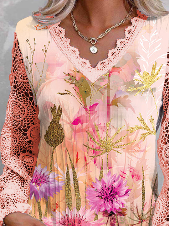 Women Long Sleeve V-neck Floral Printed Graphic Lace Tops
