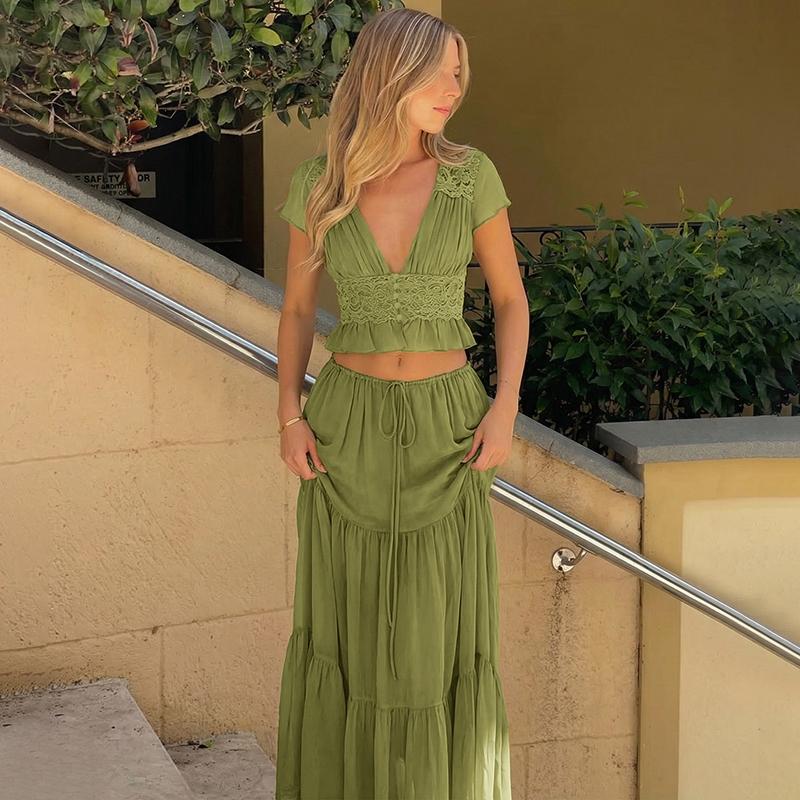 Women Summer Short Sleeve V Neck Tops Long Skirt Beach Vacation Chiffon Two Piece Set Outfit Women Summer Short Sleeve V Neck Tops Long Skirt Beach Vacation Chiffon Two Piece Set Outfit