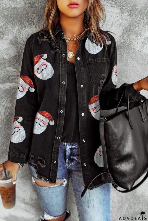 Santa Sequin Snap Down Raw Hem Jacket