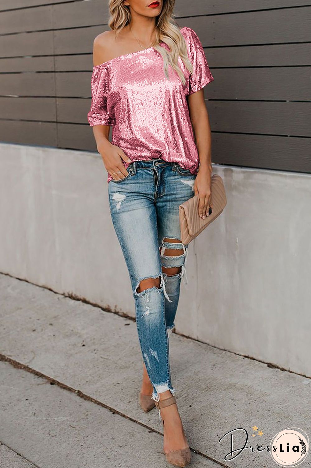 Sequined Skew Neck Short Sleeve T-Shirt