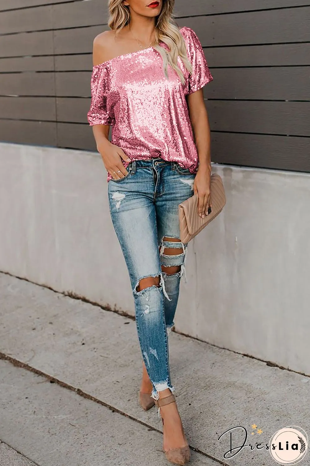 Sequined Skew Neck Short Sleeve T-Shirt
