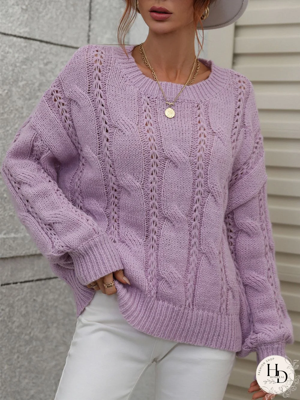 Women's Long Sleeve Scoop Neck Solid Color Top Knit Sweater