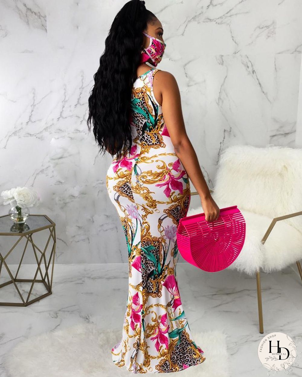 Mixed Print Thick Strap Maxi Dress P13470
