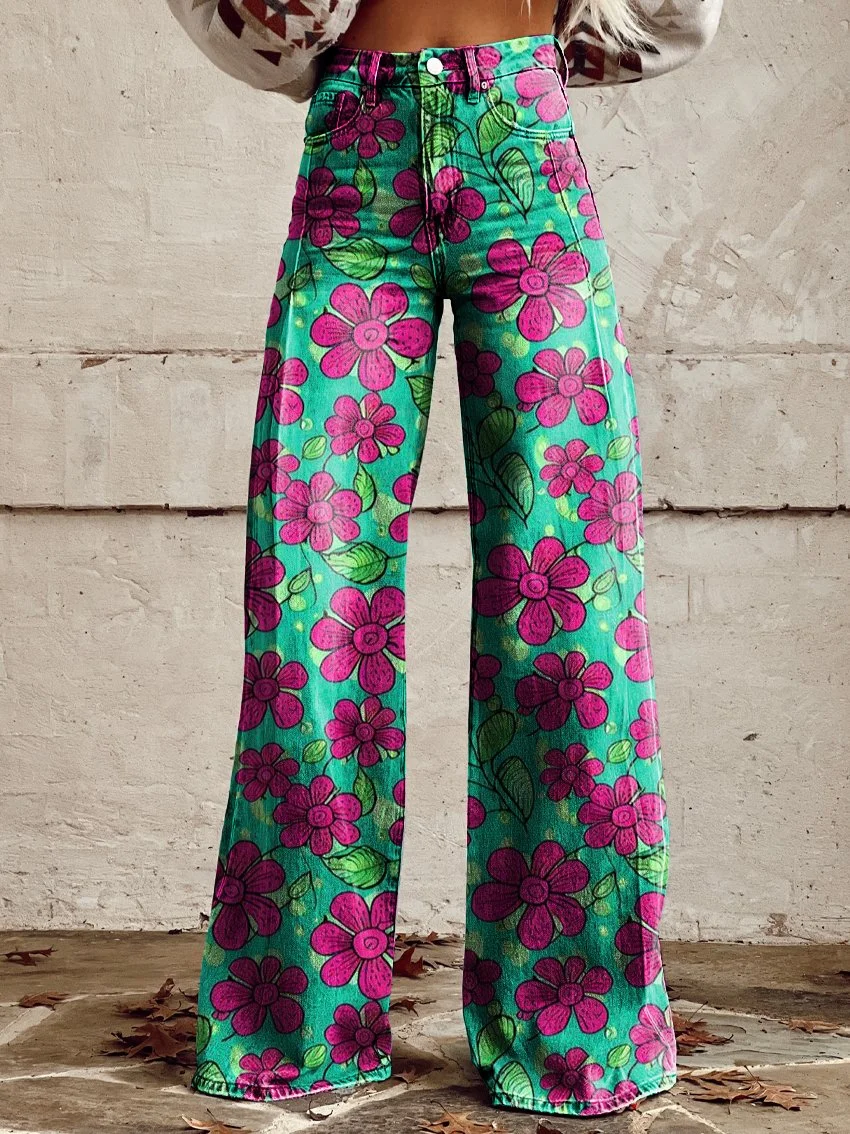 Red Flowers Are All Over The Place Women's Print Casual Wide Leg Pants