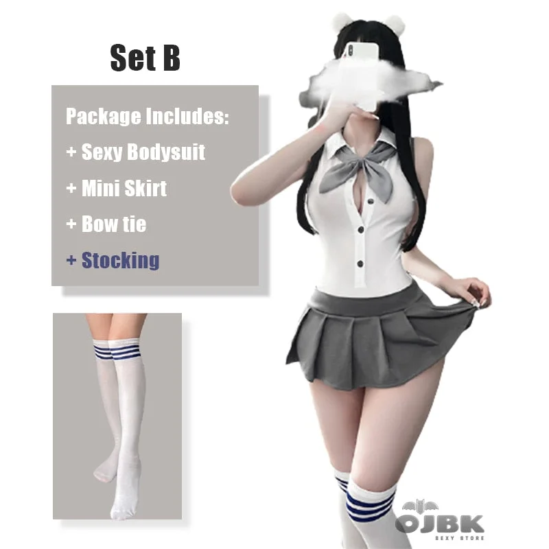 Sexy Lingerie Cheer Learder Cosplay Costumes One Piece Bodysuit Teddy With Mini-Skirt Sailor Moon Outfit Gray White Erotic Set