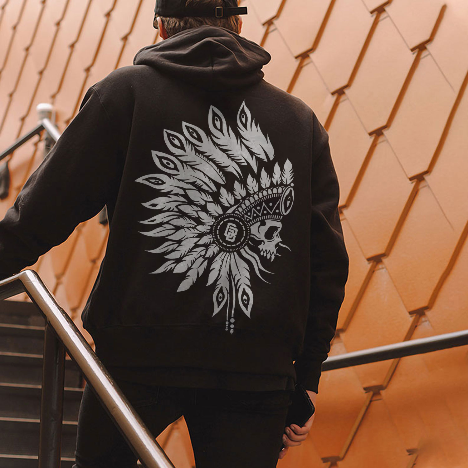 Skull with Feathered Wings Grey Letter Graphic Black Print Hoodie