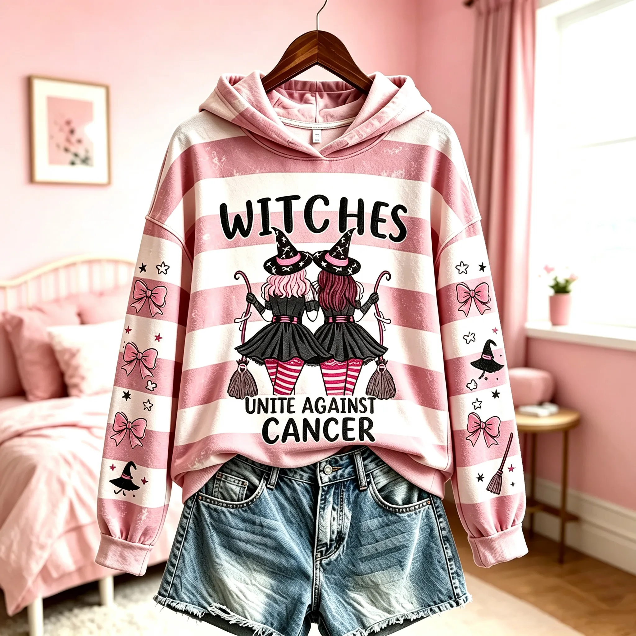 Comstylish Women's Retro Halloween Breast Cancer Awareness Witch Letter Print Hoodie