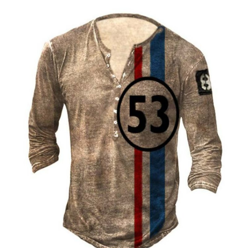 Men's Casual V-Neck Long Sleeve Digital Print Slim Fit T-shirt