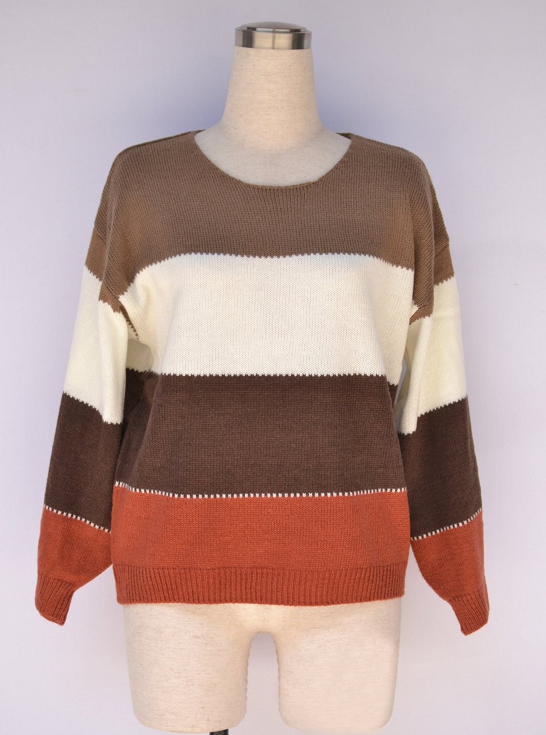 Spring Sweater Color-block Crew Neck Mid-length Loose Knitted Plus Size