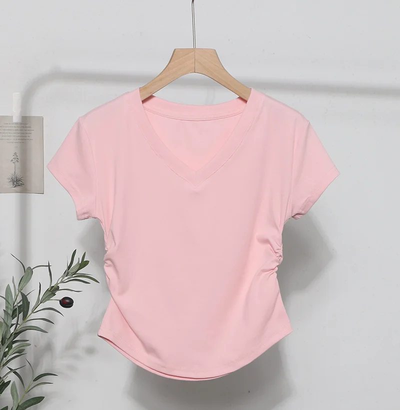 Uveng Recommended For The Summer V-Neck Front Shoulder Short-Sleeved T-Shirt For Girls Slimming Hottie Drawstring Irregular Top 2899