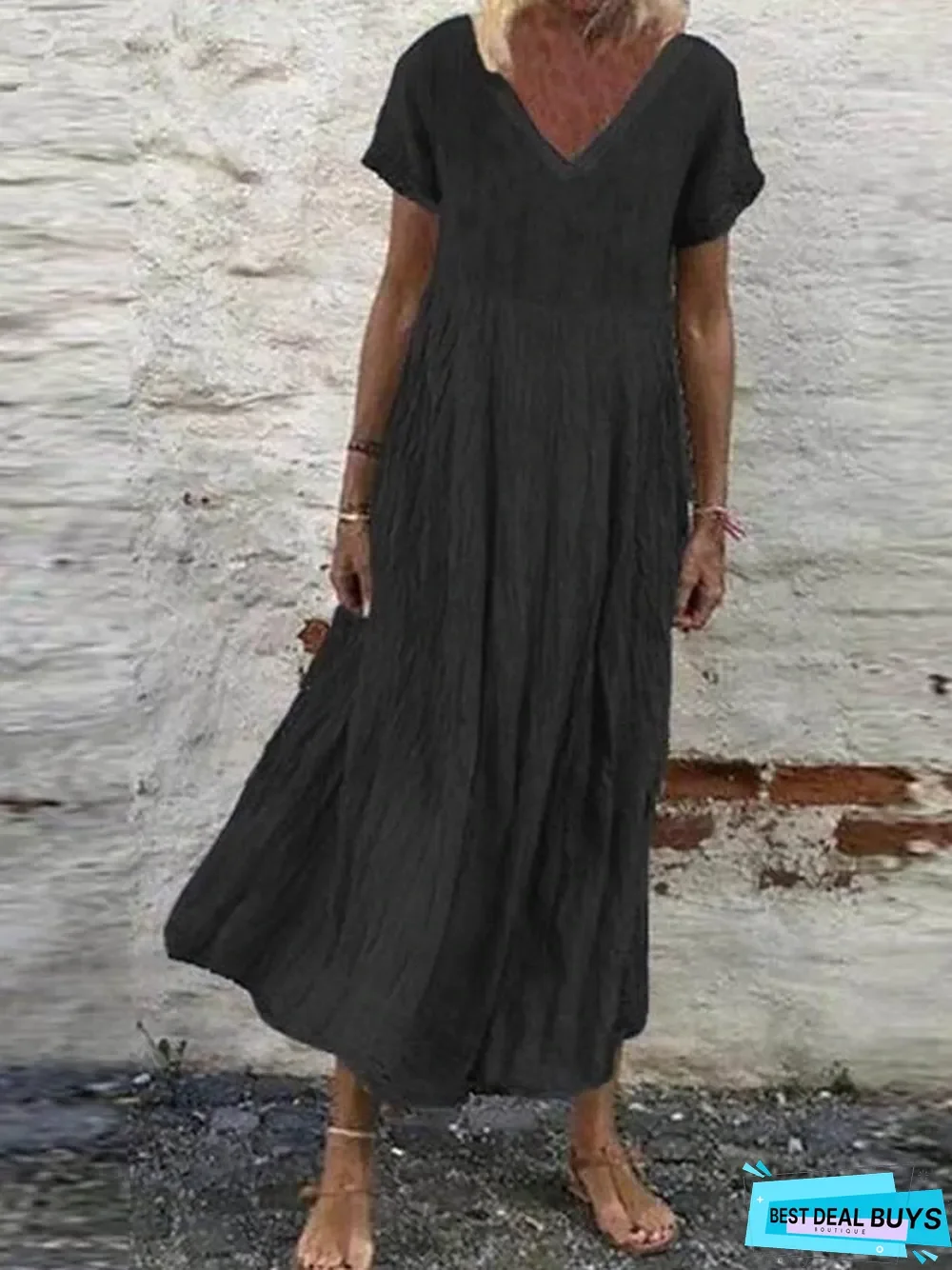 Women's Plus Size A-Line Dress Midi Dress - Short Sleeves Summer V Neck Casual White Black Yellow Orange Green White Dresses Linen