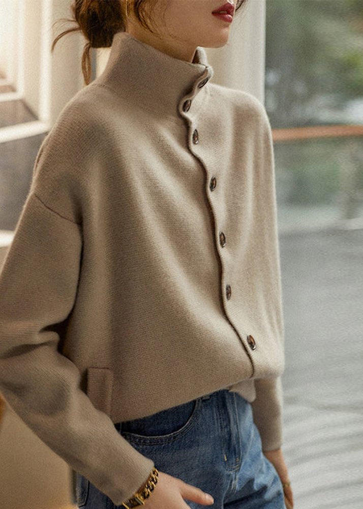 Loose Light Camel Turtleneck Button Thick Knit Sweaters Long Sleeve