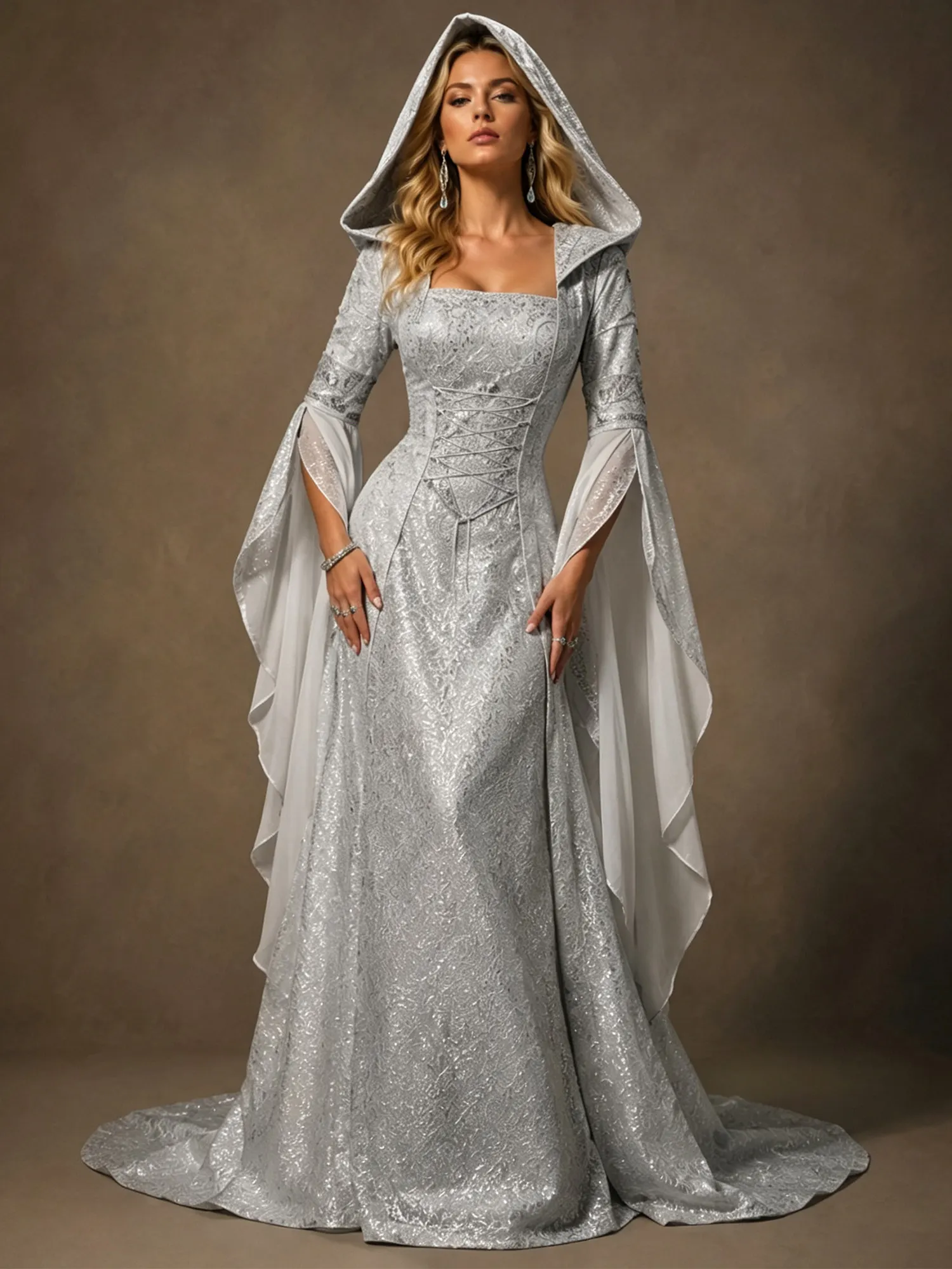 Perfect for Western Gothic evening activities &mdash; Ladies' cosplay hooded drawstring waist shimmering jacquard woven Maxi Dresses