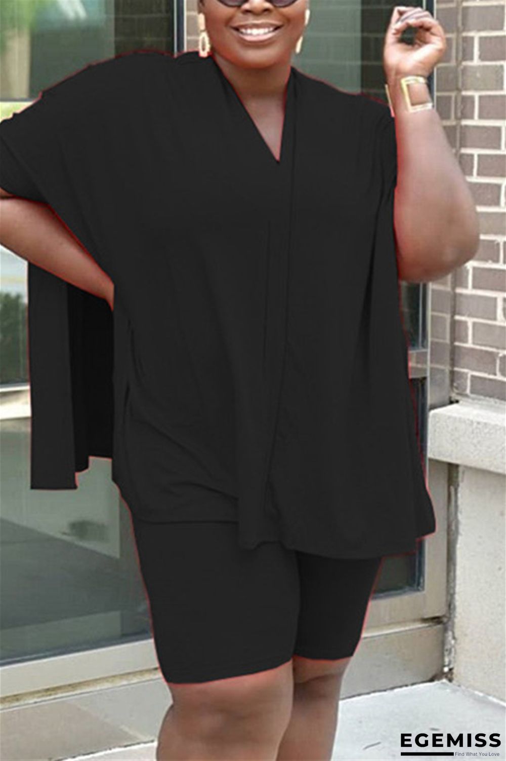 Black Fashion adult Street V Neck Patchwork Solid Split Two Piece Suits Stitching Plus Size | EGEMISS