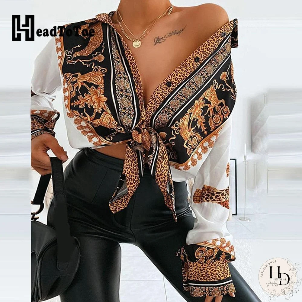 Baroque Leopard Print Casual Shirt Women Turn-down Collar Long Sleeve Casual Blouse Tops Streetwear