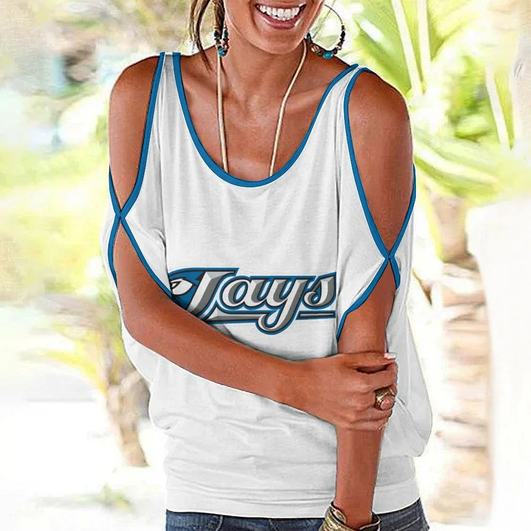 Shoulder Off  Loose Short Sleeve Casual T-shirt for Women Printed with Pattern,Navy,Blue