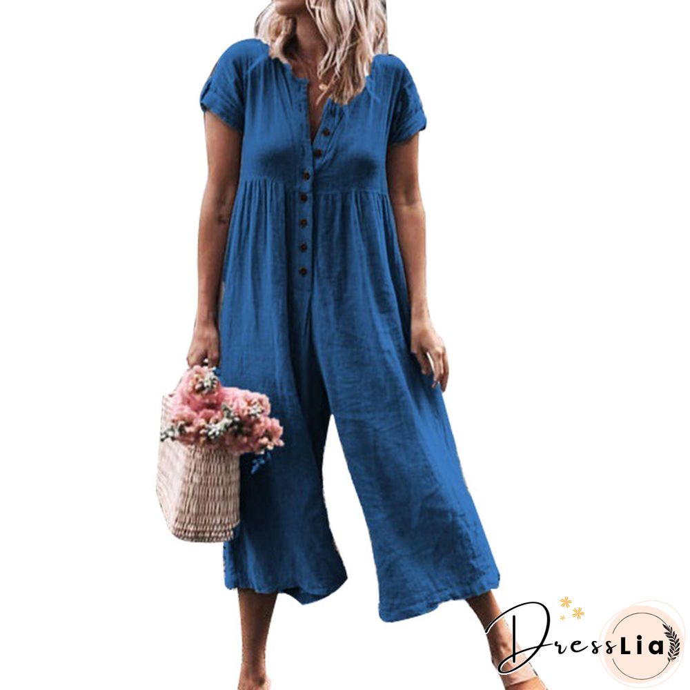 Women V Neck Short Sleeve Button Down Wide Leg Jumpsuits Rompers