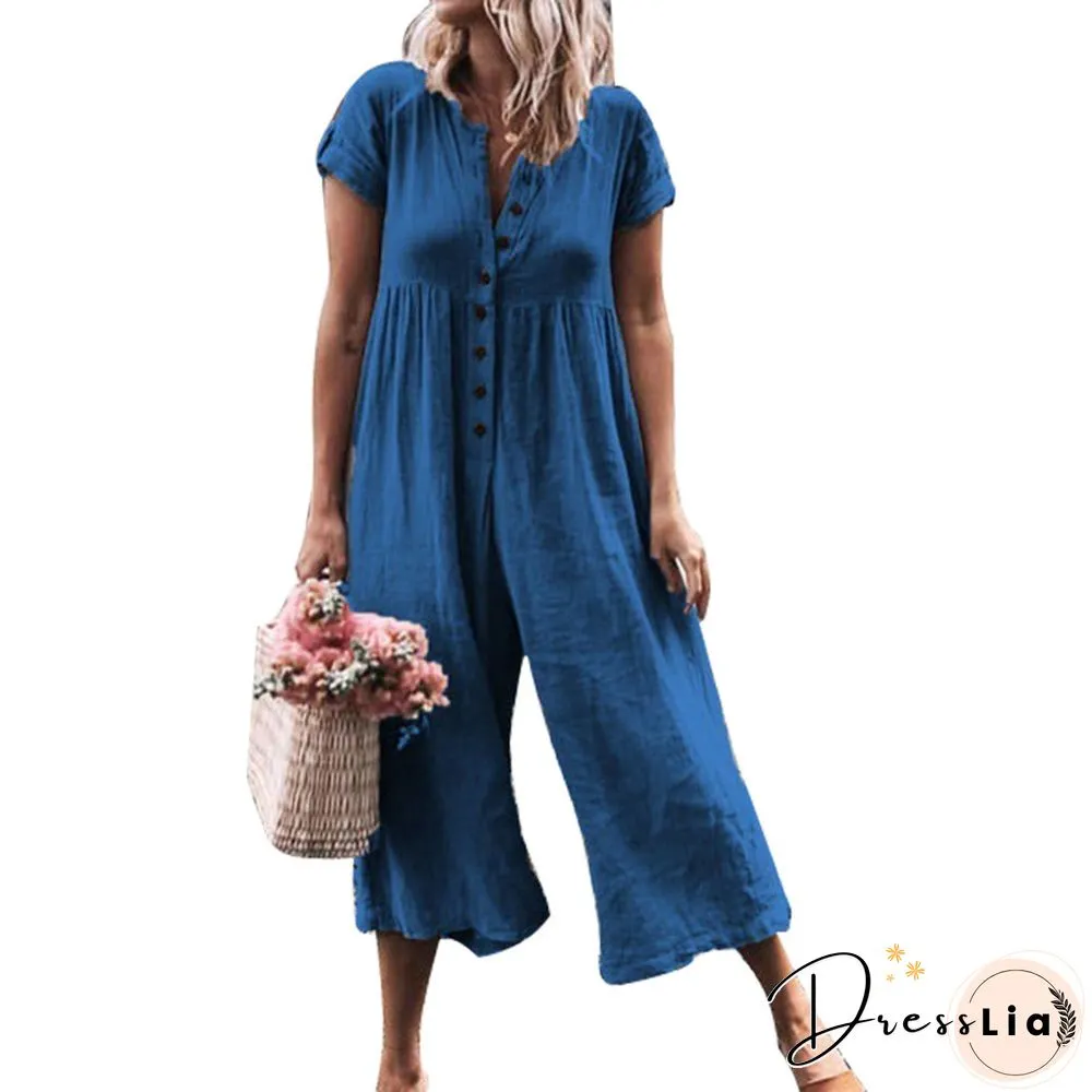 Women V Neck Short Sleeve Button Down Wide Leg Jumpsuits Rompers