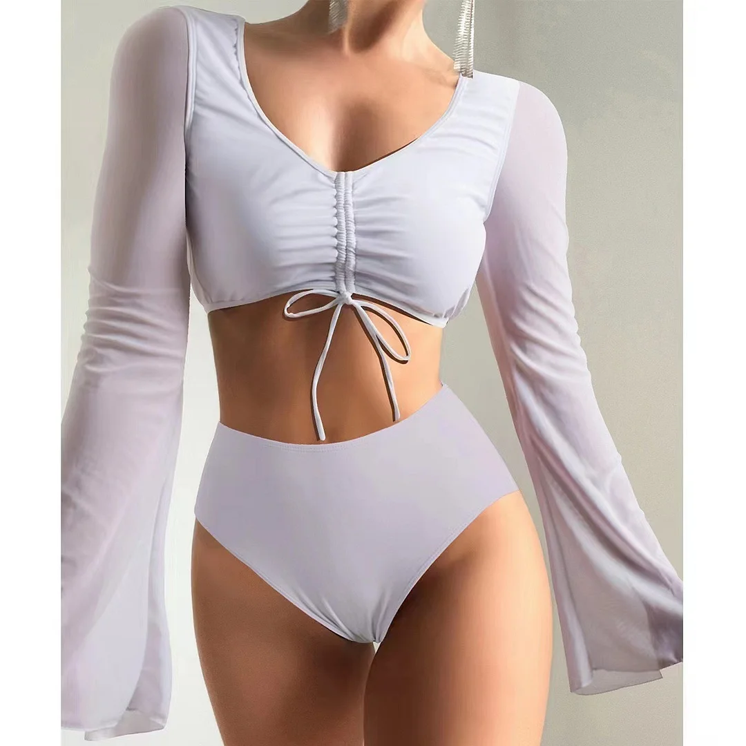 Uveng 2023 New Split-Colored High-Waist Conservative Splicing Yarn Swimsuit Swimsuit