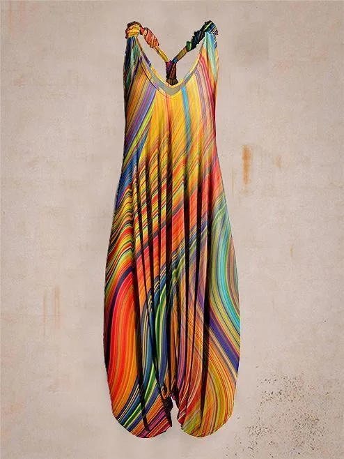 Women Summer Colorful Pattern Sleeveless Harem Jumpsuit