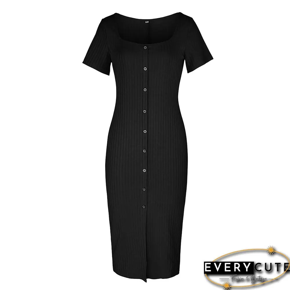 Black Rib Button Split Bodycon Dress