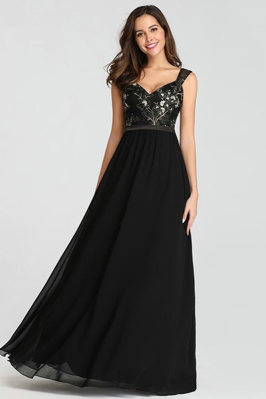 Elegant Black Long Prom Dresses Appliques Straps Chiffon Evening Gowns
