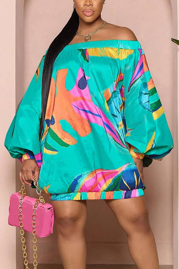 Plus Size Green Casual Floral Print Off The Shoulder Lantern Sleeve Mini Dress 