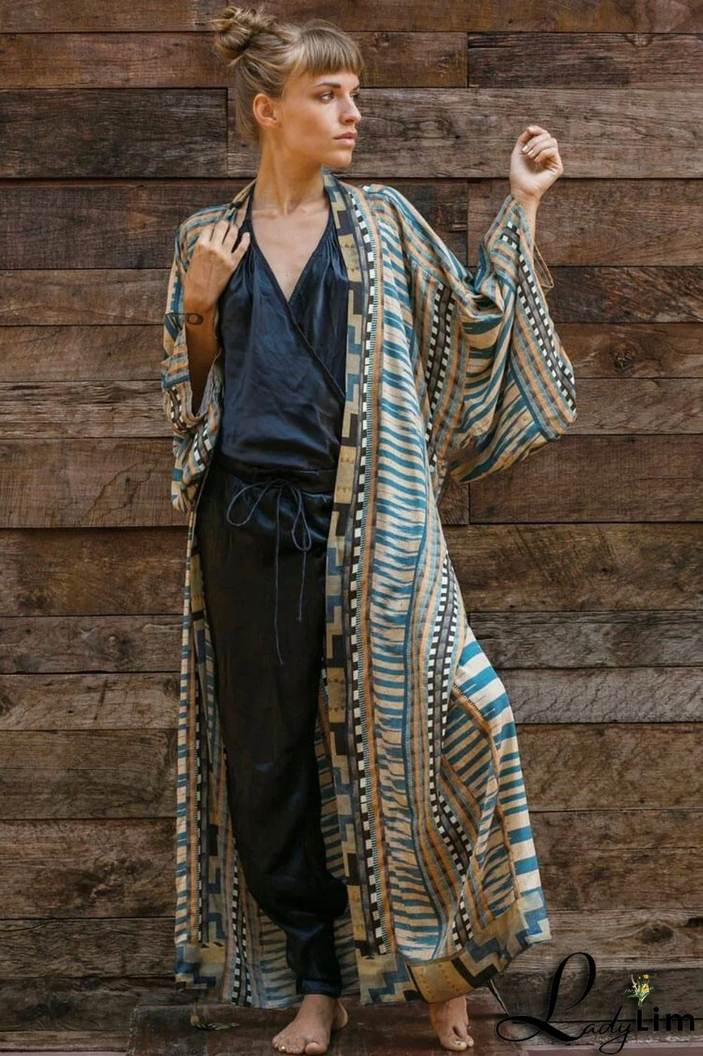 Geometric Printed Belted Long Sleeve Kimono Maxi Cover Up