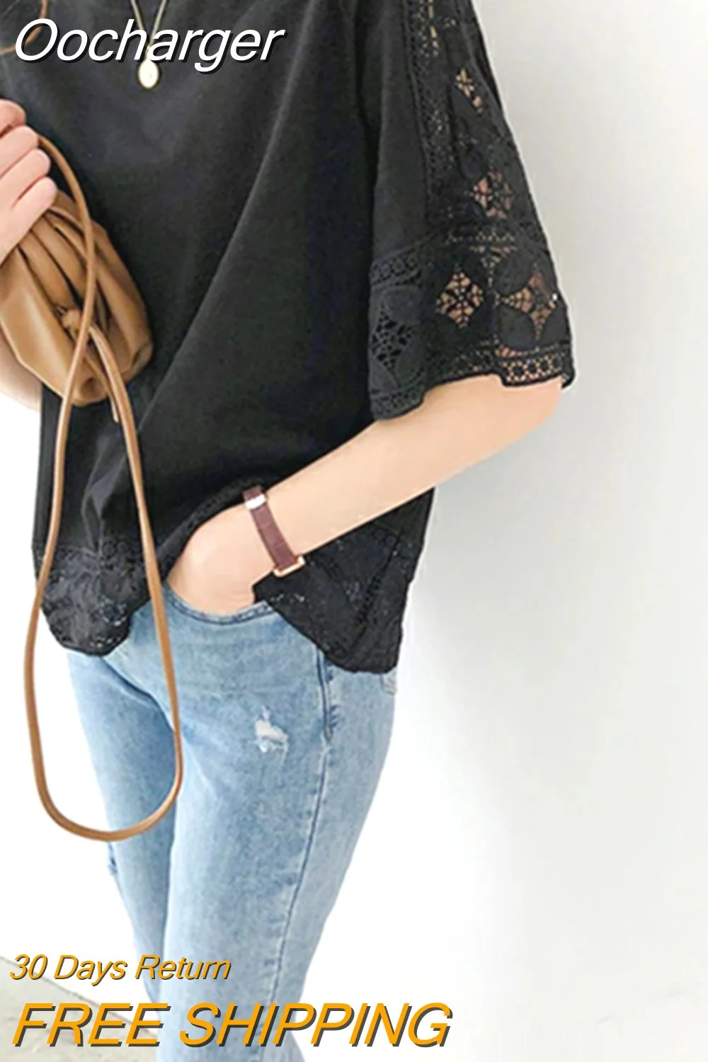 Oocharger T-shirts Women Tops Lace Patchwork Hollow Out Solid Ropa Mujer Summer Japan Style Half Sleeve Retro Elegant Camisetas