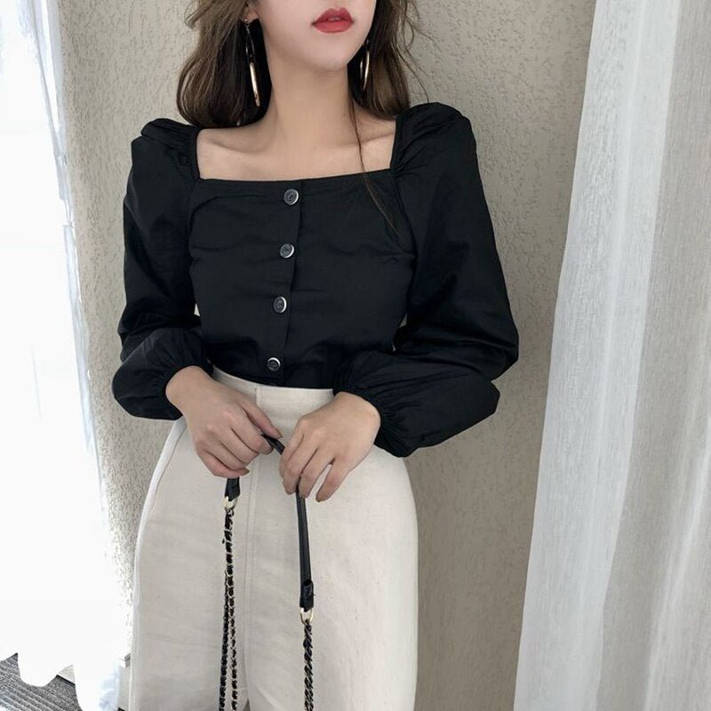 Vintage Blouse Women Puff sleeve Top Autumn Winter New Button Basic Tee shirt Square Collar Backless Sexy Party Club Clothes