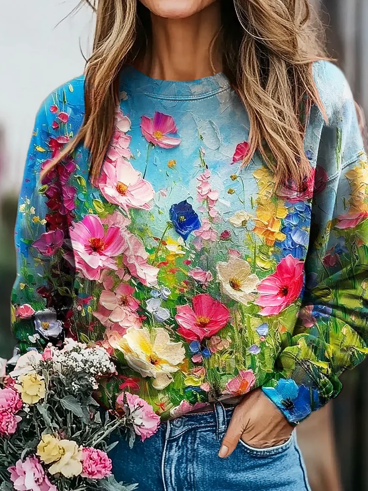 Women's Oil Painting Flower Print Casual Crew Neck Sweatshirt